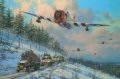  P-47 Thunderbolts of the 509th Fighter Squadron, 405th Fighter Group, pass low over paratroopers of the 82nd Airborne Division advancing through heavy snow during the Battle of the Bulge, January 1945. Major Robert 'Blackie' Blackburn, in hi......